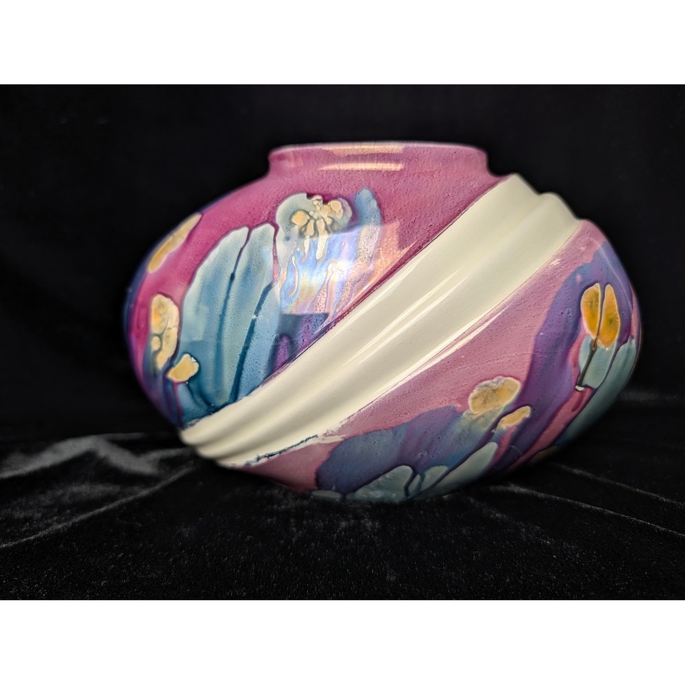 Vintage Rueven Glass Ceramic Art Vase Nouveau Art Glass Purple Pink Iridescent